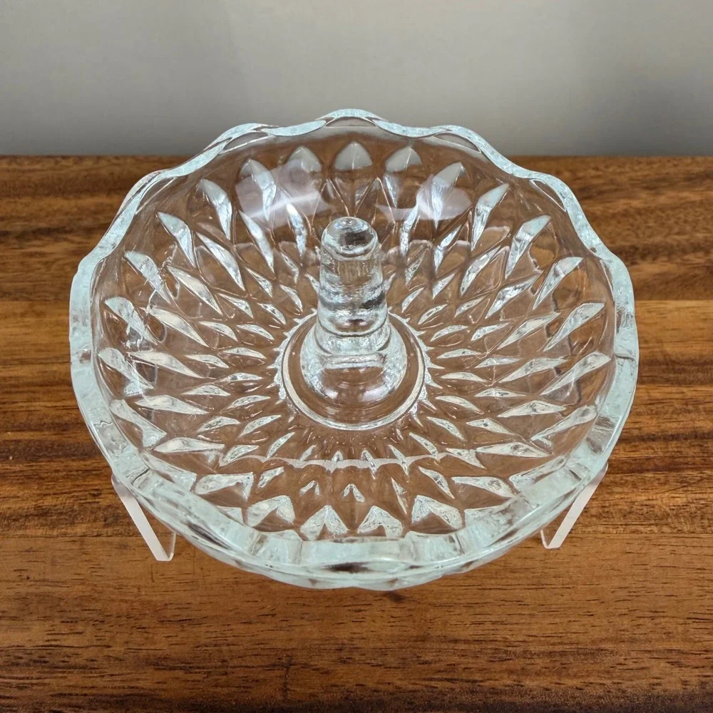 Pressed Glass Vintage Ring Holder Clear Diamond Scalloped Edge Vanity Dish